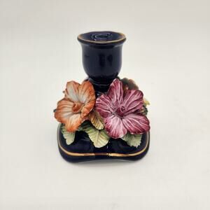 3D Yellow Pink Orange‎ Burgundy Flowers On Navy Base Candlestick From Romania